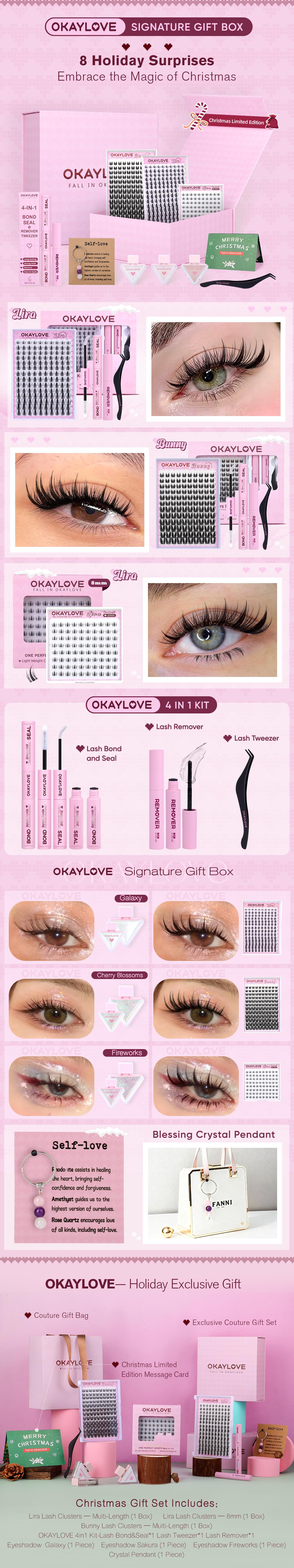 OKAYLOVE Lashes Gift | OKAYLOVE Lash Clusters Kit with Lira/ Bunny/ Bottom/ DIY Lash Tools/ Crystal Items/ 3 Bottles Glitter Shiny and Signature Gift Card for Valentine's Day and Festival