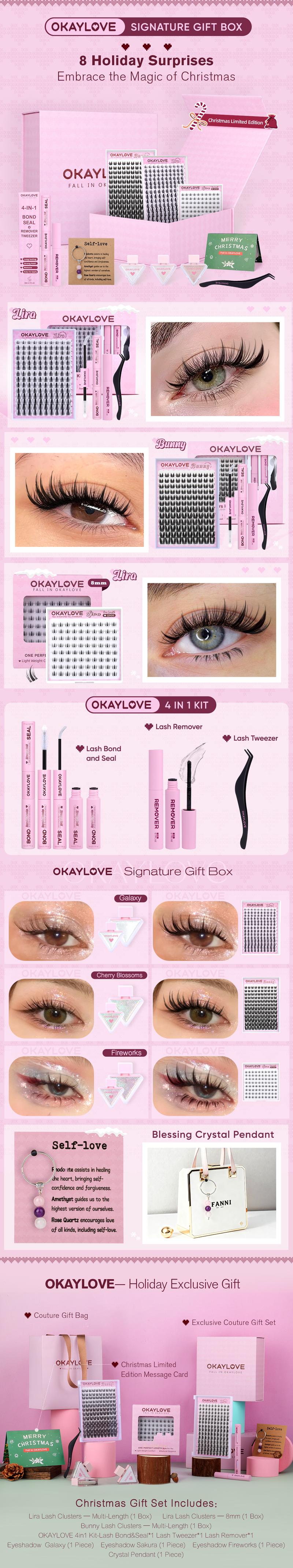 Valentine's Day Gift | OKAYLOVE Lash Clusters Kit with Lira/ Bunny/ Bottom/ DIY Lash Tools/ Crystal Items/ 3 Bottles Glitter Shiny and Signature Gift Card for Valentine's Day and Festival
