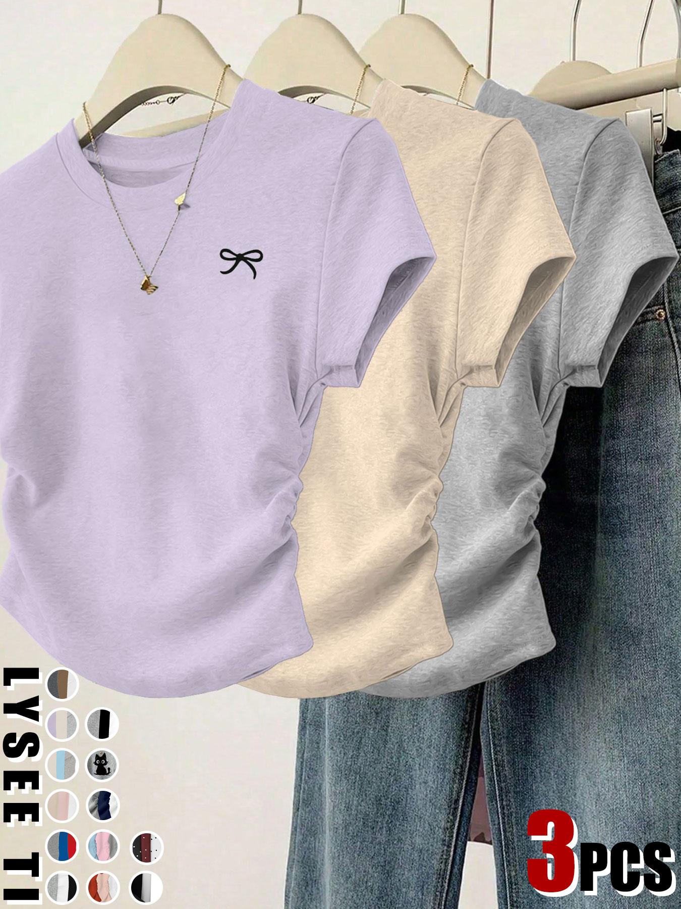 3pcs/1pc women's casual fashion slim fit small bow print details simple solid color pleated pullover shirt women's round neck short sleeved three piece T-shirt