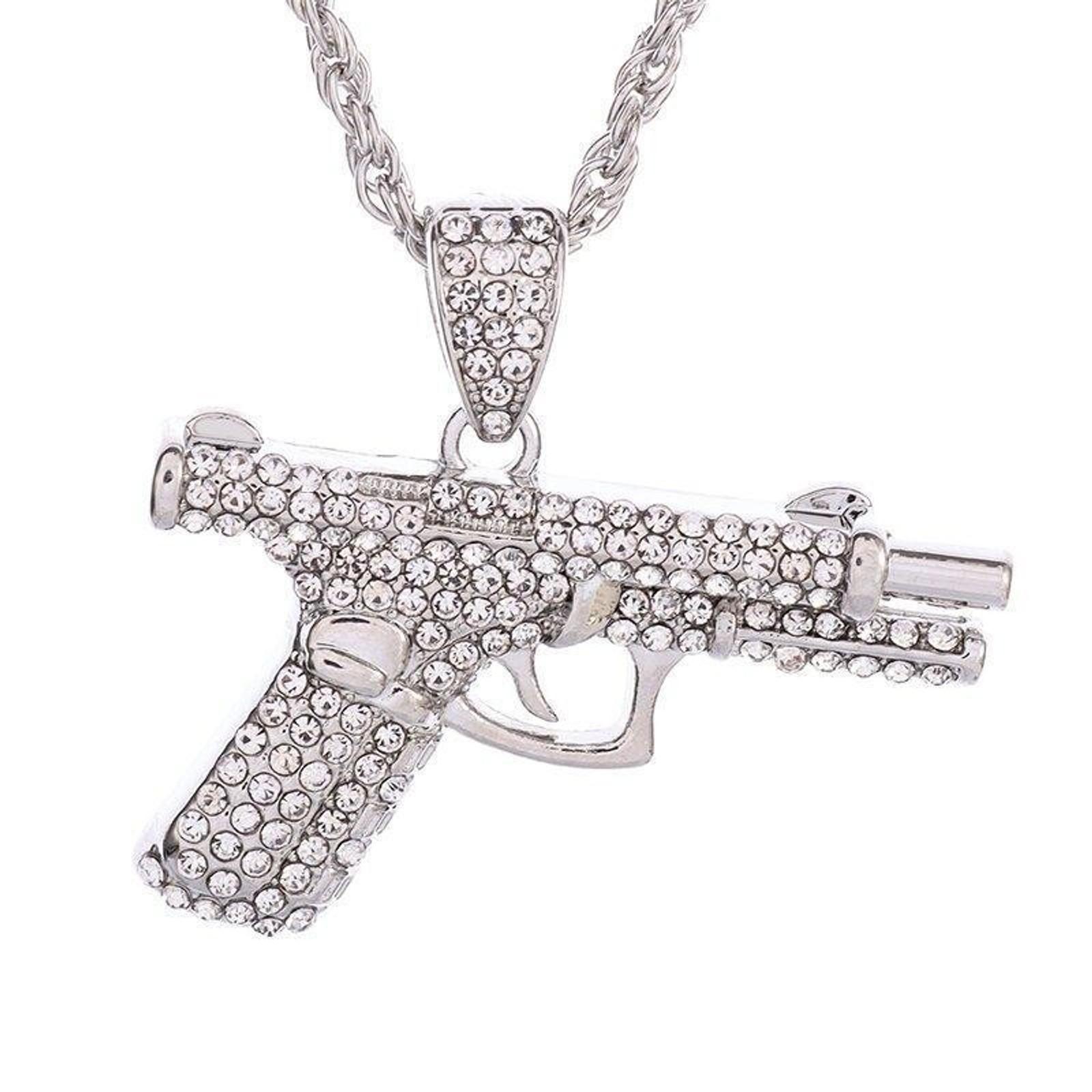 Men's Iced Out Cuban Link Chain with Rhinestone Pistol Pendant, Hip Hop Bling Necklace for Daily Casual Wear