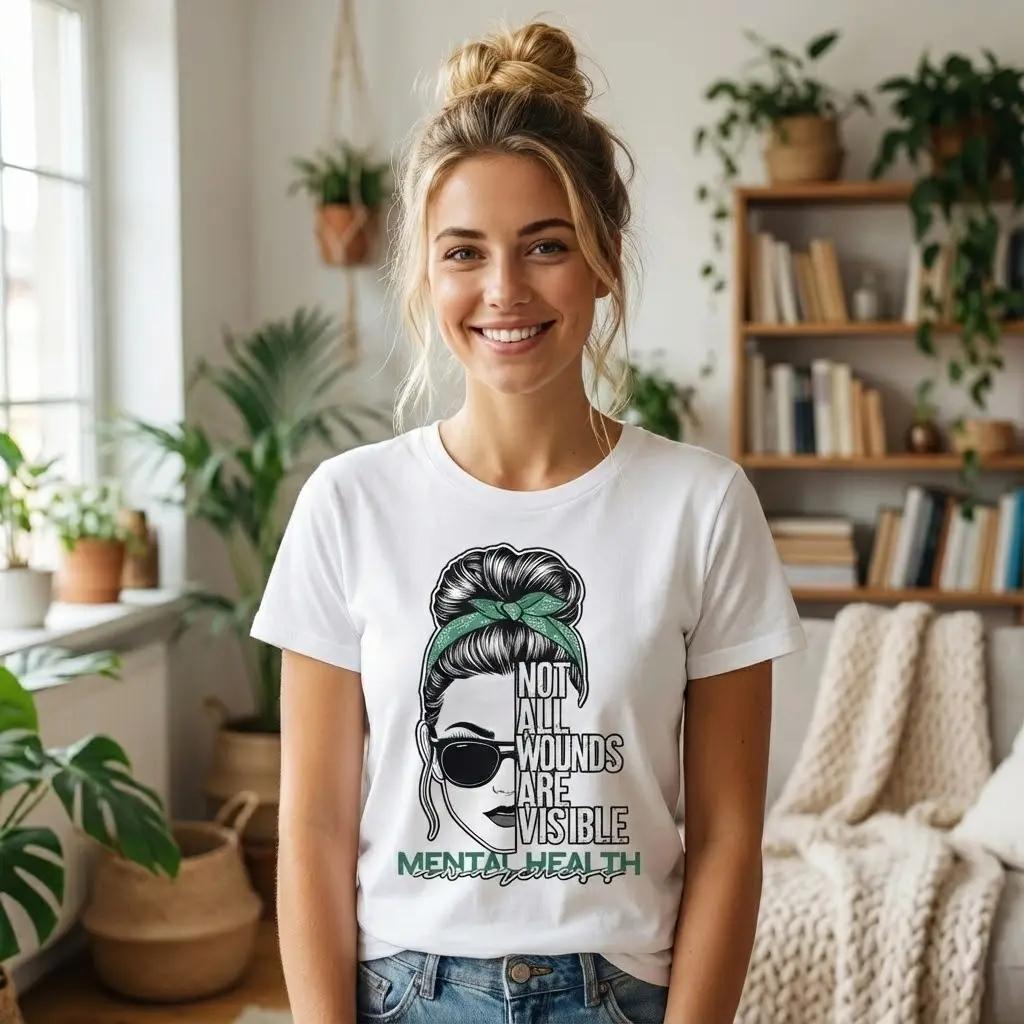 Fashion Designer TShirts with Mental Health Awareness Graphic Tee Not All Wounds Are Visible Casual Fitted Cotton Crewneck T-Shirt for Men Women All Seasons Wear Machine Washable Unisex Top