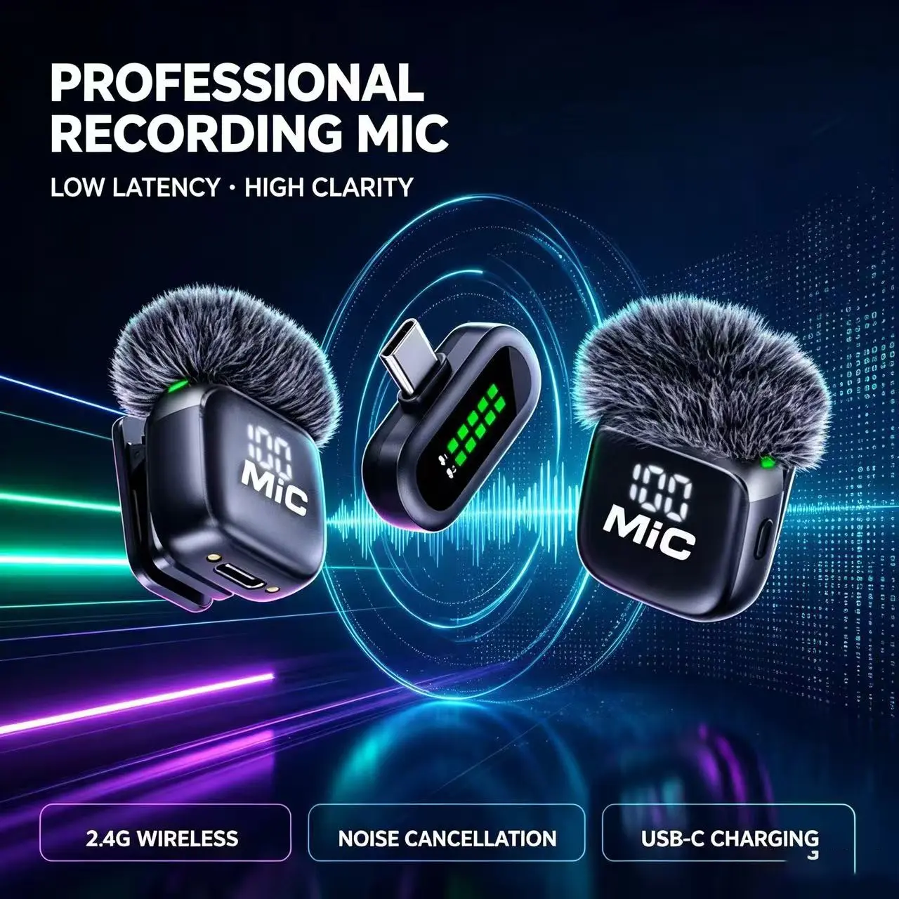 Wireless Lavalier Microphone | One-Key Noise Reduction, Mic Noise Cancellation, Dual Mic Recording, Volume Display | Plug & Play, Anti-Interference, Type-C | Perfect for TikTok, Live Streaming, Interviews, Vlogs & Content Creation with Wind Muff