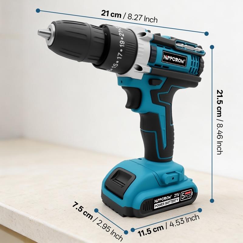 HIPPCRON 21V Cordless Impact Drill Driver Kit, 50N·m 25 GEARS+3 FUNCIONS Torque Settings with 3/8" Keyless Chuck, 800mAh Fast-Charge Battery & LED Light, Compact Professional-Grade Tool for Home Improvement & Auto Repair