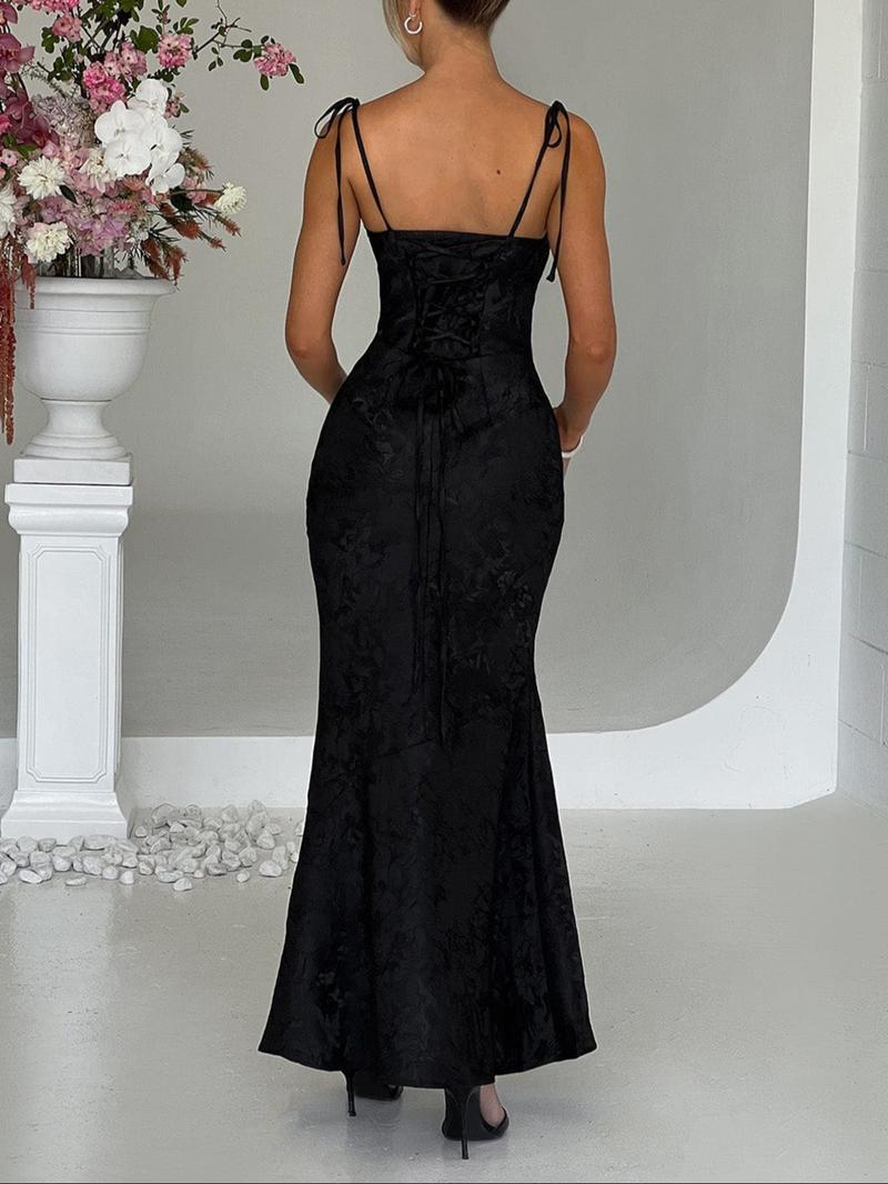 Elegant Backless Tie-Waist Bodycon Dress, Slim-Fitting Sleeveless Long Dress, Casual Plain Style for Women