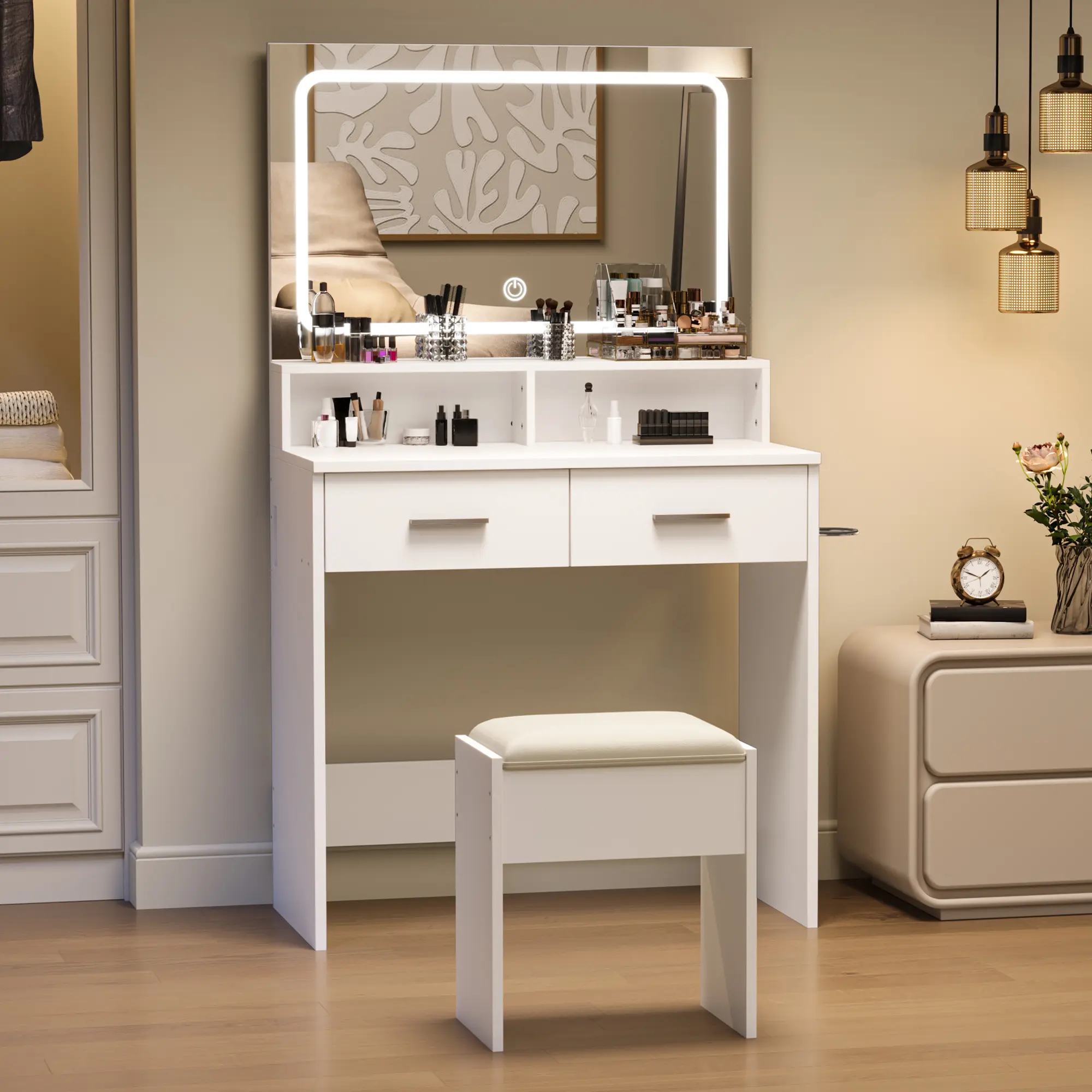 Vanity Desk Set with Lighted Mirror & Stool - 3 Lighting Modes, Adjustable Brightness, USB/Outlet Charging Station, 2 Storage Drawers - Modern Bedroom Dressing Makeup Table