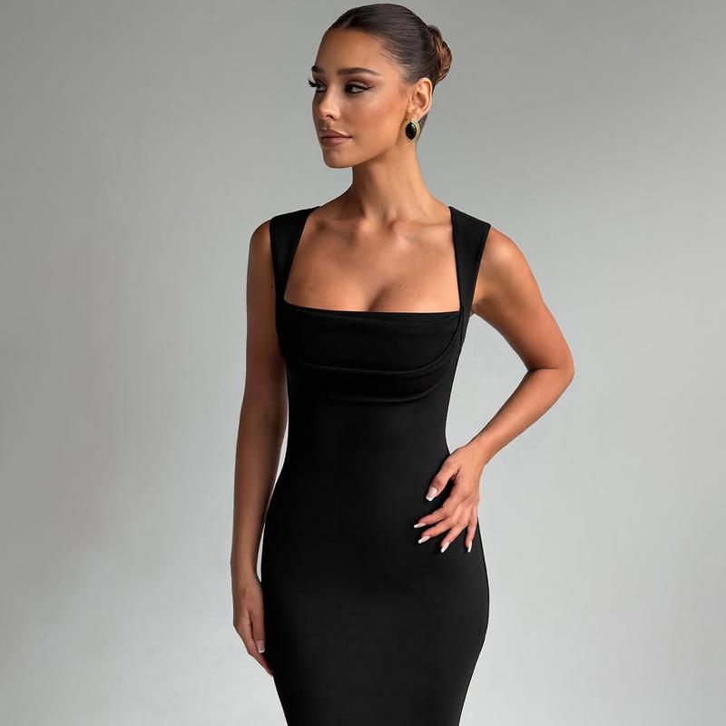 Women's Solid Color Square Neck Bodycon Tank Dress, Elegant Sleeveless Long Dress for Party Club Night Out Holiday Evening, Ladies Summer Clothes