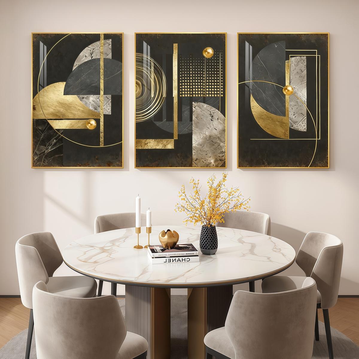 3 Counts Aluminum Alloy Framed Painting, Abstract Geometric Gold And Black Art Pictures, Home Decoration For Living Room, Bedroom, Office, Restaurant, Hallway Wall Decor, Odorless Print Artwork, Luxury Perfect Gift For Friends And Family