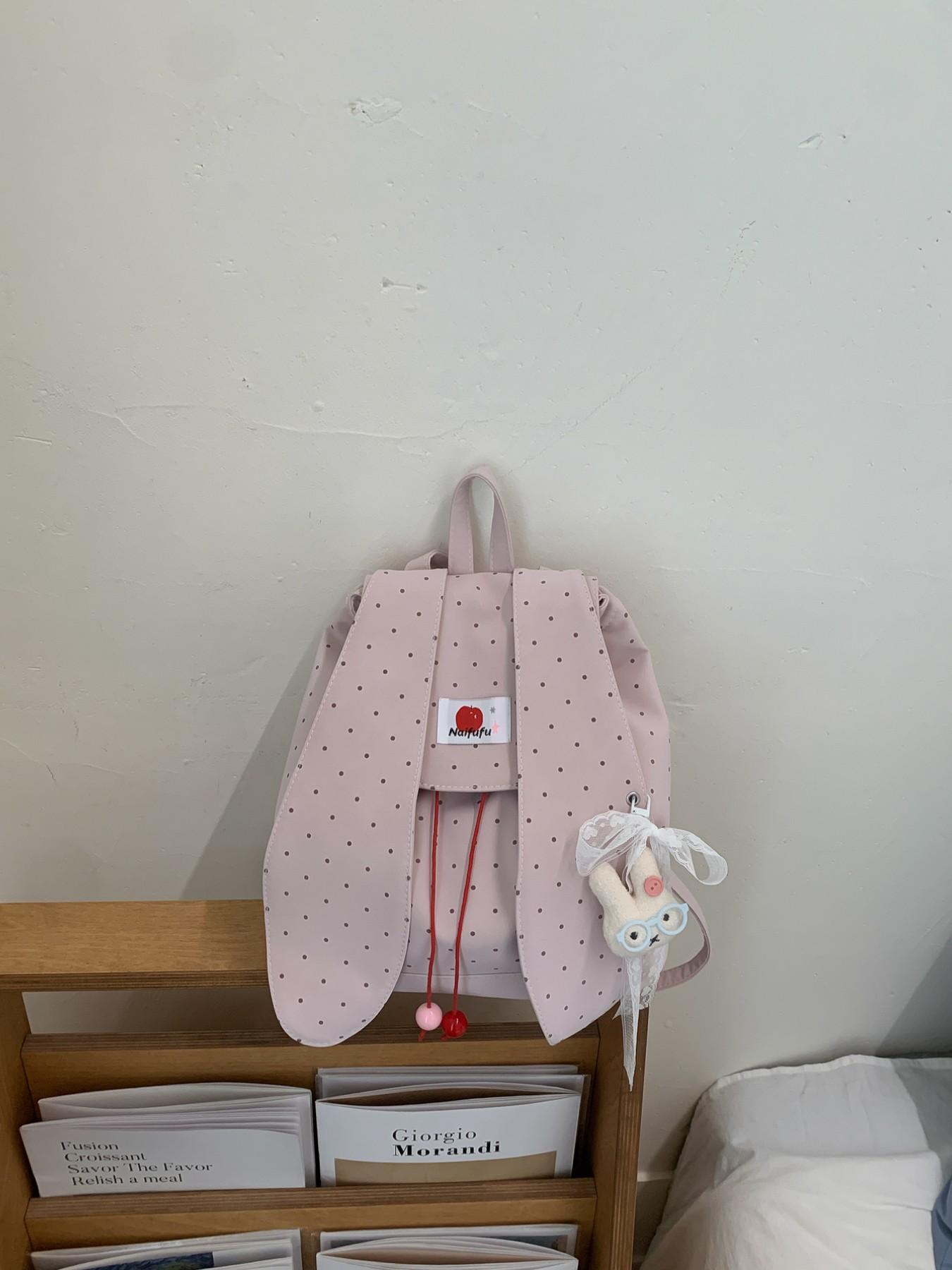 New Rabbit Ears Polka Dot Backpack, Cute Korean Style Student Bag, Large Capacity Commuter Backpack, Soft Adorable Bunny Shoulder Bag