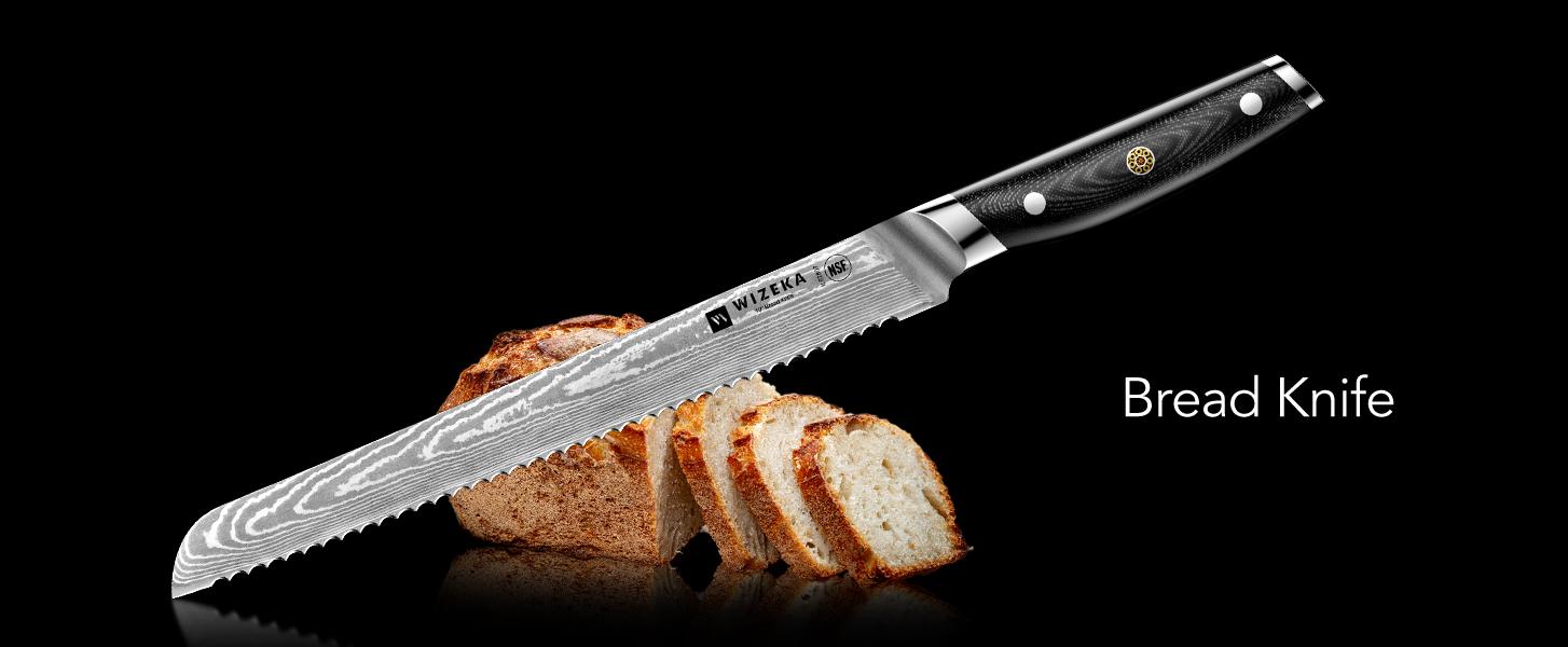 WIZEKA Damascus Serrated Bread Knife, 10 inch Bread Knife for Homemade Bread, Razor Sharp VG10 Damascus Steel Multifunction Serrated Knife for Slicing Homemade Bread, Bagels, Cake Kitchen Cutting Kitchenware Blade