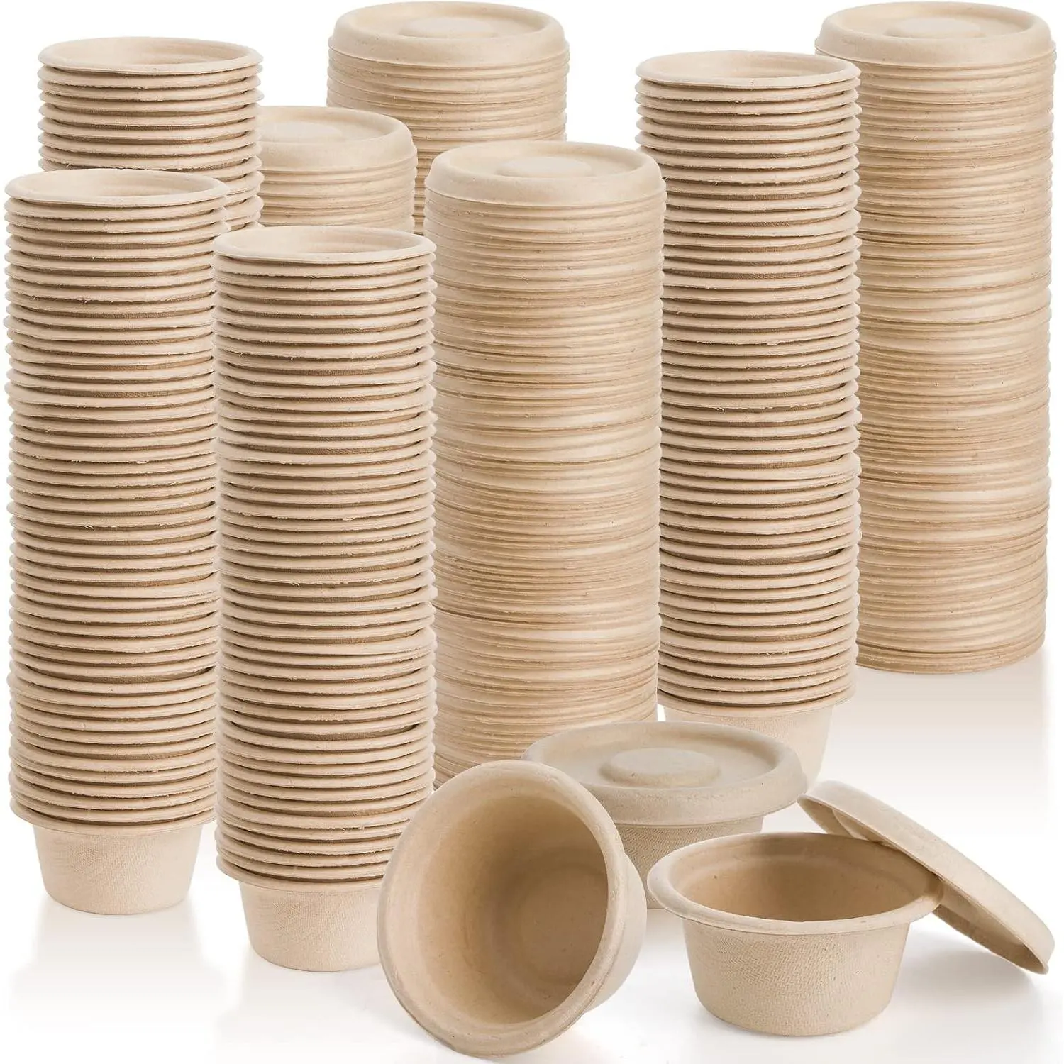 200 Pack 2 oz Natural Bagasse Fiber Cups with Lids, Disposable Compostable Sample Tasting Cups, Mini Paper Sauce Containers for Snack & CharcuterieGift