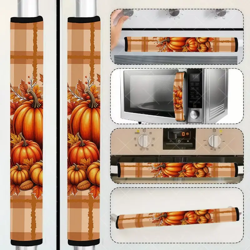 2pcs Autumn plaid pumpkin and maple leaf refrigerator handle gloves; perfect for autumn Halloween and Thanksgiving American country kitchen decor; easy to assemble and disassemble; machine washable.