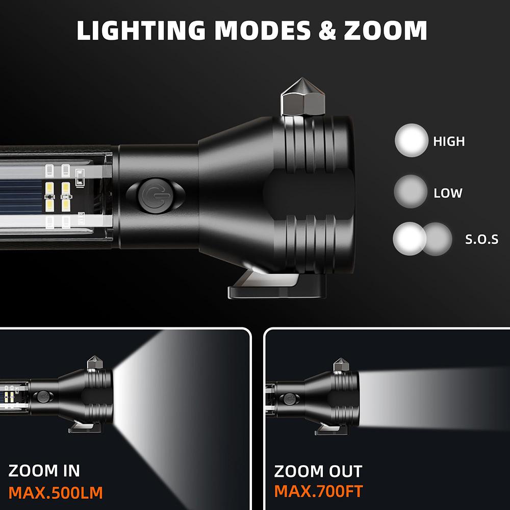 1PC Solar Rechargeable LED High Performance Flashlight, Multi Function Ultra Bright Flashlight, Emergency Strobe Light, USB-C Rechargeable, Survival Gear and Supplies, 5 Modes for Outdoor, Camping, Hiking, Multifunctional Flashlight