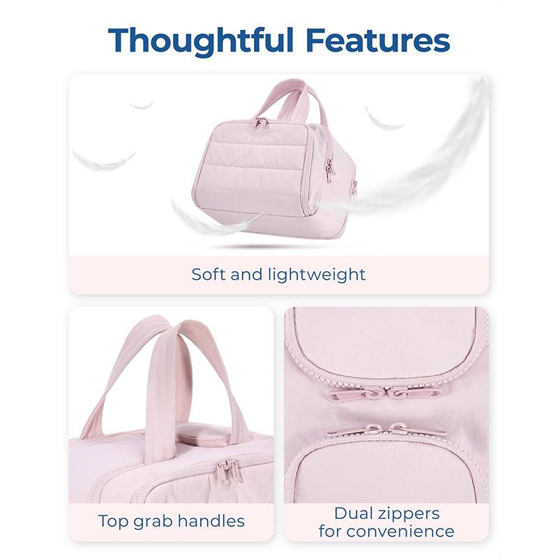 Women's Puffy Nylon Fabric Travel Toiletry Bag, Lightweight Large Makeup Organizer with Handle, Water-Resistant Wide-Open Dual Compartment Gym Storage Case for Holiday Overnight Use