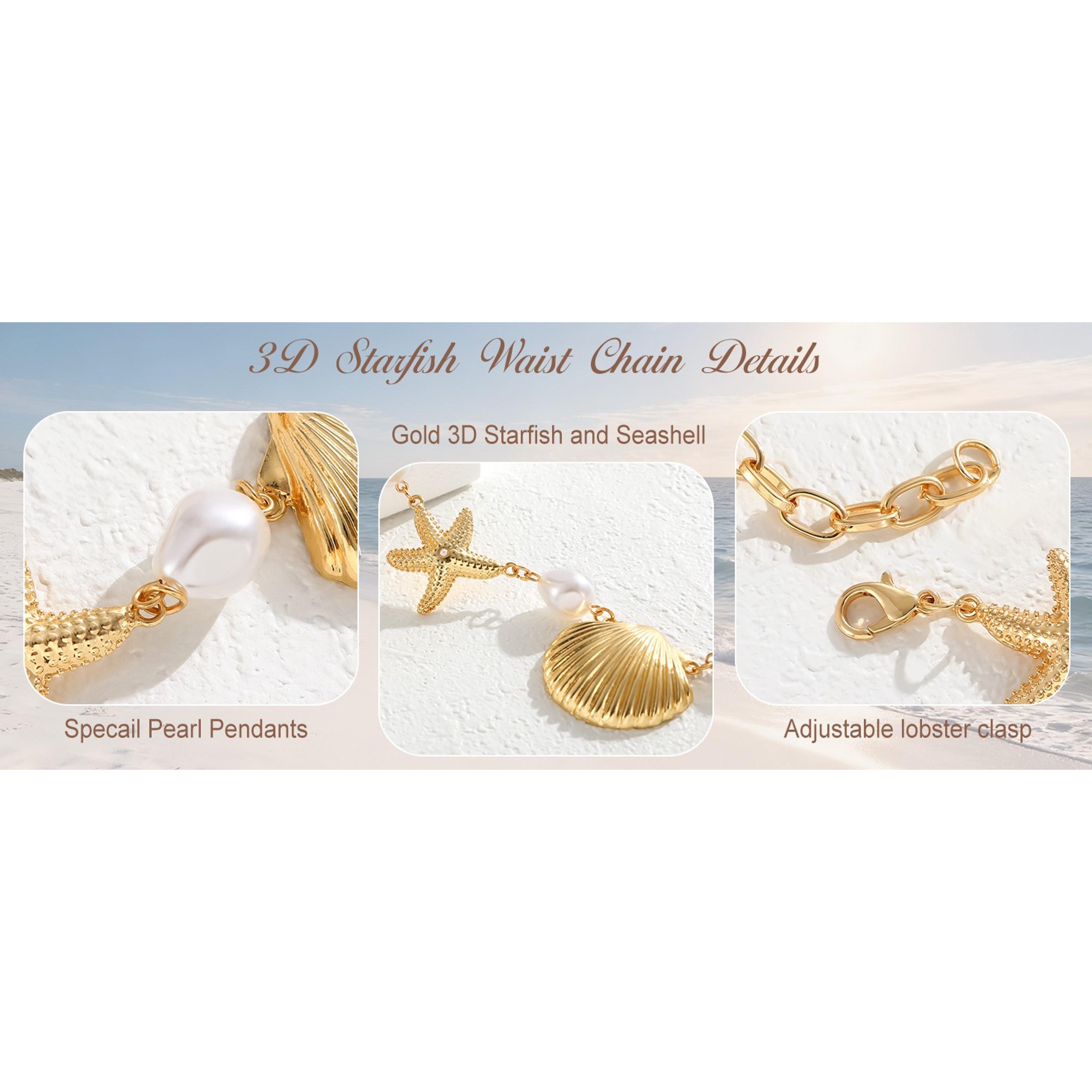 Starfish Pearl Waist Chain for Women - Mermaid Seashell Belly Chain, Gold Pirate Rave Festival Summer Bikini Beach Jewelry Accessories(Gift)