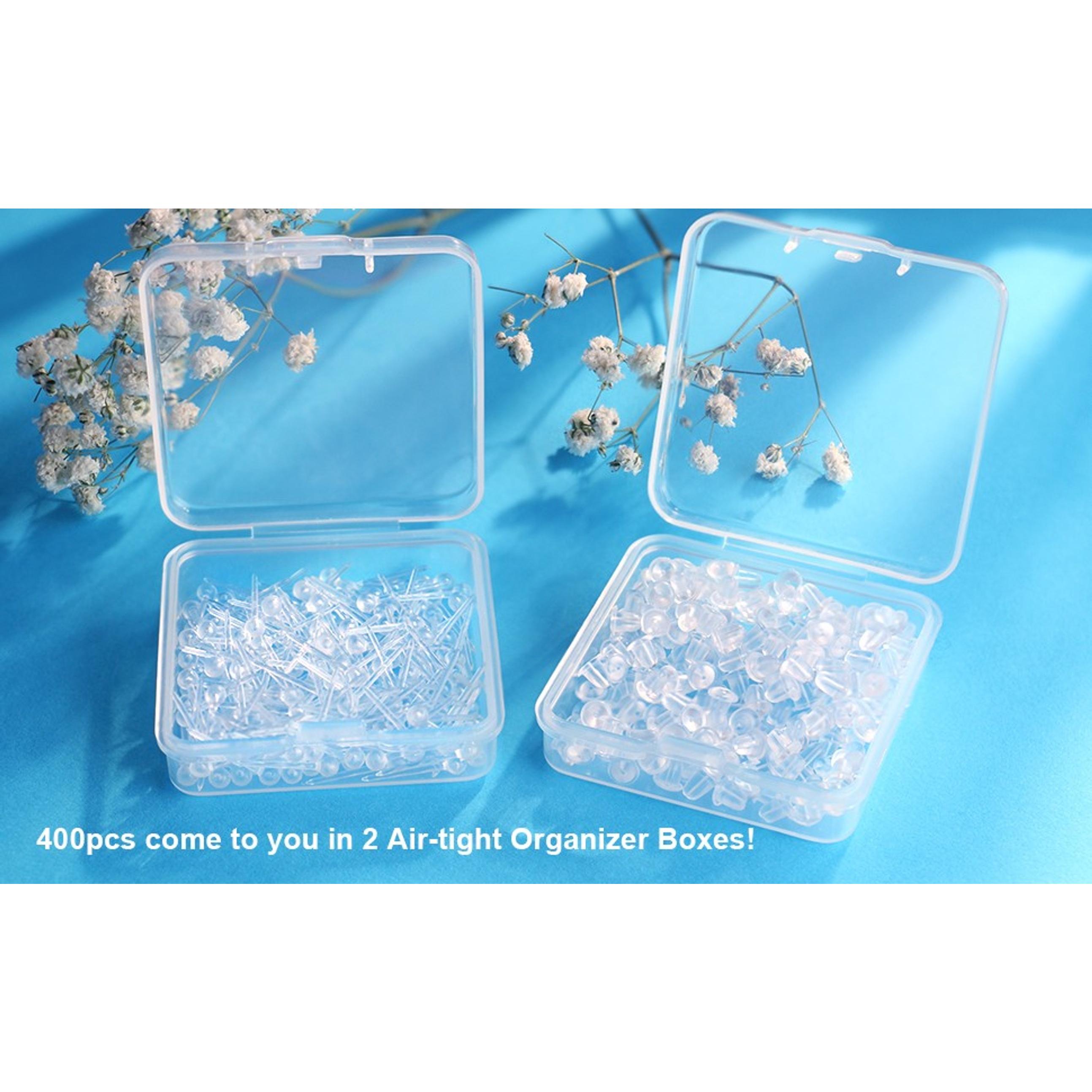 200pcs Hypoallergenic Clear Plastic Earring Studs + 200pcs Earring Backs – 18G Retainers for Sports, Surgery, Work & Sleeping – Transparent 2-Compartment Storage Box