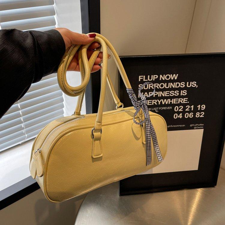 Vintage Waxed Leather Bowknot Baguette Bag, Luxury Commute Underarm Shoulder Bag, Versatile Texture Handbag, Korean Style Ins Fashion Bag for Women