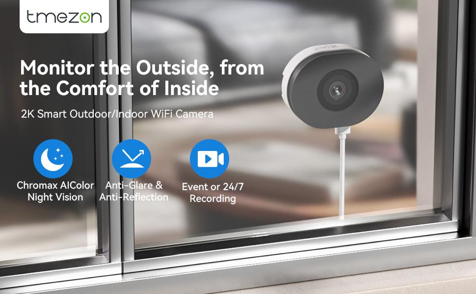 No-Drill Window Security Camera 2.5K 4MP – Color Night Vision, No Subscription, 24/7 Recording, Easy Install Indoor Home Cam，See Outside Clearly, Color Night Vision
