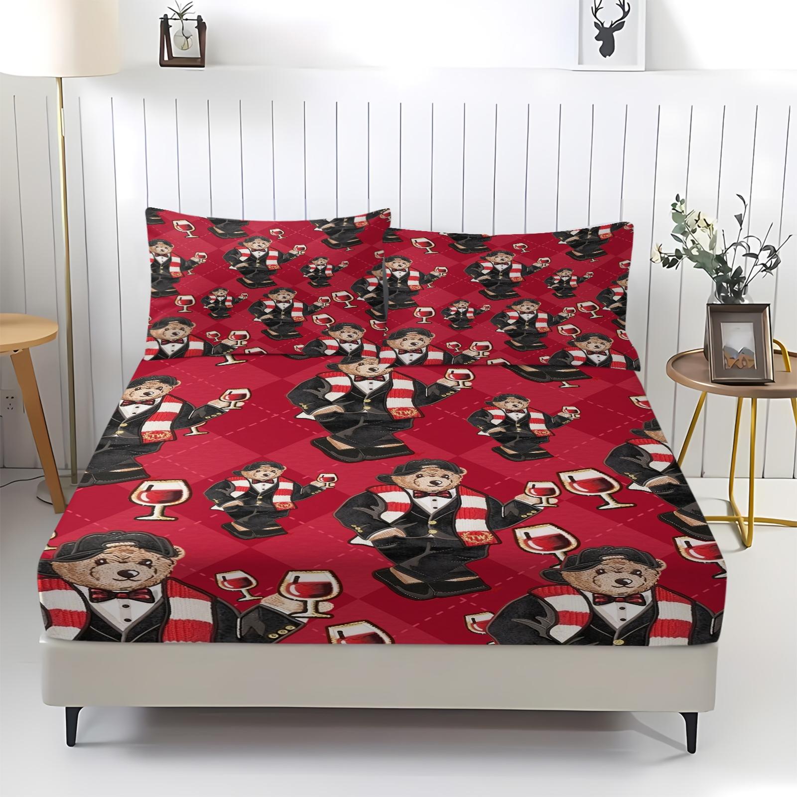 Teddy Bear Pattern Bed Sheet, Comfortable Printed Pattern, Includes 1 Bed Sheet and 2 Pillowcases, Comfortable Bedding, Non slip Dust Cover Suitable for Bedroom and Guest Room, Suitable as a Gift for Children or Adults, Bed Sheets Set