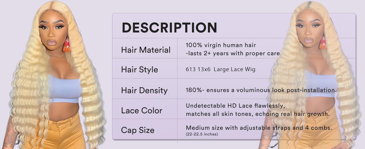 613 13X6 Lace Front Wig Human Hair Blonde Wig Human Hair Deep Wave Lace Front Wig Human Hair Pre Plucked 12A Remy Human Hair Wigs For Women 613 Deep Wave Wig 180% Density glueless wig wigs for beginners  hd frontal wig