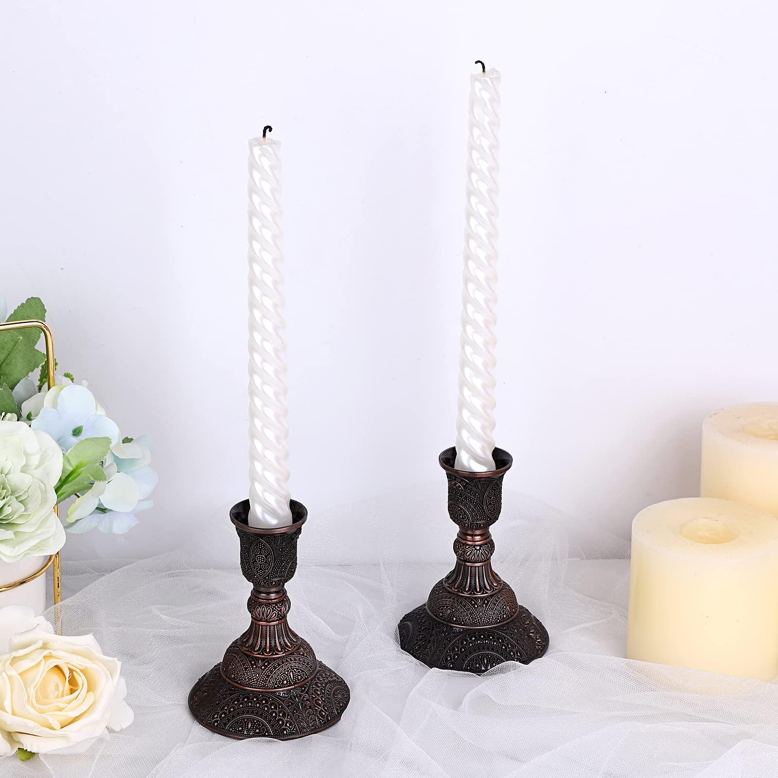 Set of 2 Vintage European Candle Holders - 3.9" Tall Metal Candlesticks with Exquisite Relief Patterns, Red/ Green Bronze/ Gold/ Silver/ Rose Gold Candelabra Table Centerpieces for Wedding Dining Home Decor