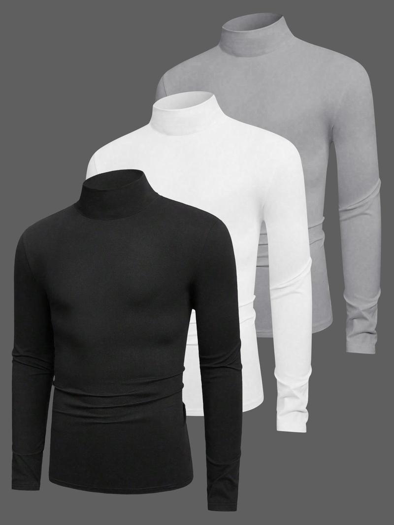 3pcs Men's Solid Color Casual Turtleneck Long Sleeve T-Shirt, Mens Fall And Winter Base Shirt, Men's Spring High Neck Shirt, Men's Summer Half High Neck Shirt, Men'S Casual Top Jacket, Suitable For All Seasons Of Casual Items 3pcs Men's Solid Color Casual Turtleneck Long Sleeve T-Shirt, Mens Fall And Winter Base Shirt, Men's Spring High Neck Shirt, Men's Summer Half High Neck Shirt, Men'S Casual Top Jacket, Suitable For All Seasons Of Casual Items