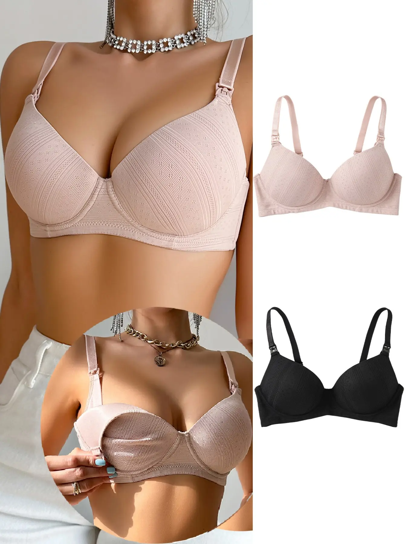 2PCSWomen Maternity Bra, Front Snap Opening, Breathable Jacquard, Underwire Lift, Adjustable Straps, Comfort Lingerie for Pregnant & Postpartum Women