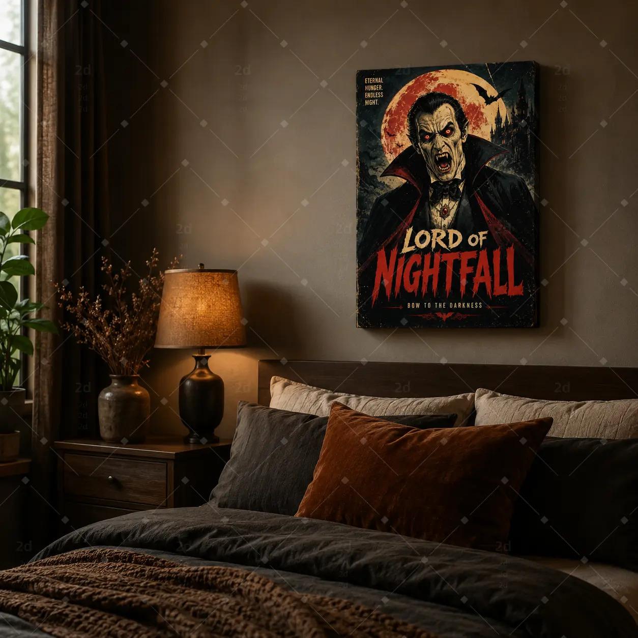 Gothic Vampire Lord Canvas Wall Art, Dark Castle Horror Poster Print for Living Room Bedroom Halloween Decor, Retro Monster Artwork, Available as Unframed Poster or Framed Canvas Wrap