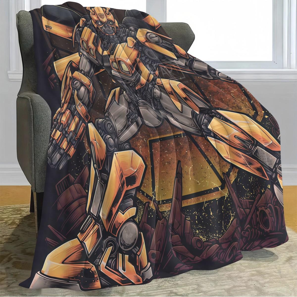 Vintage Transformers Flannel Blanket, Bumblebee Full Print, Thick Comfortable Sofa Cover, Festival Gift, Multi-Purpose Throw Blanket
