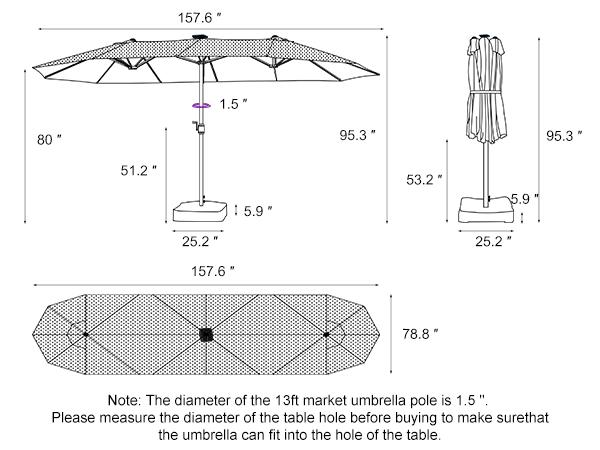 PURPLE LEAF 13 ft Table Umbrella with Lights Double-Sided Market Umbrella with Base