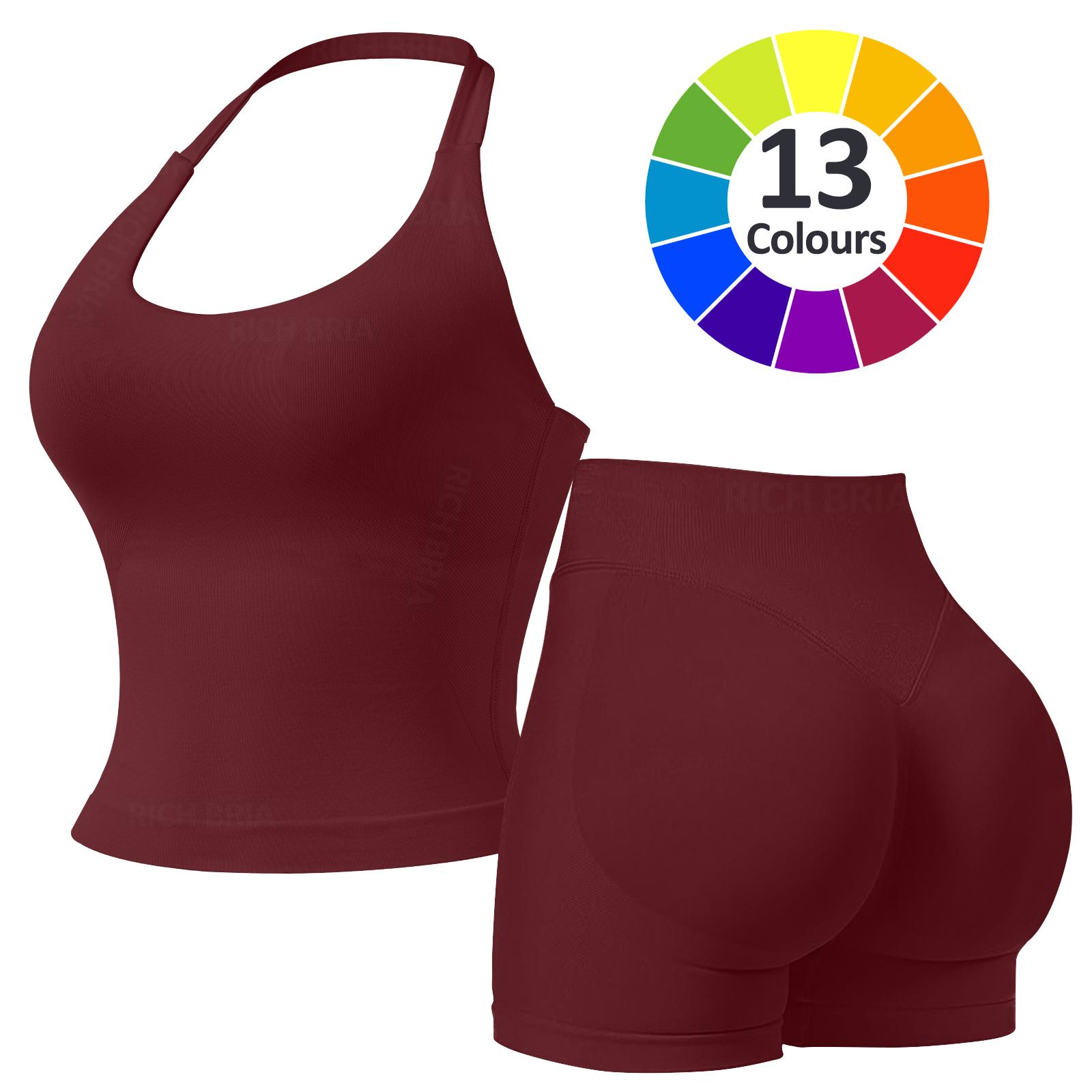 RICH BRIA Women's Solid Color Halter Top & High Waist Shorts Sports Set, Sporty Breathable Quick Drying Outfits for Yoga Gym Fitness Running, Ladies Sportswear for Summer, Workout Clothes, Workout Gym Clothing, Athletic Sports Clothing, Athleisure Wear