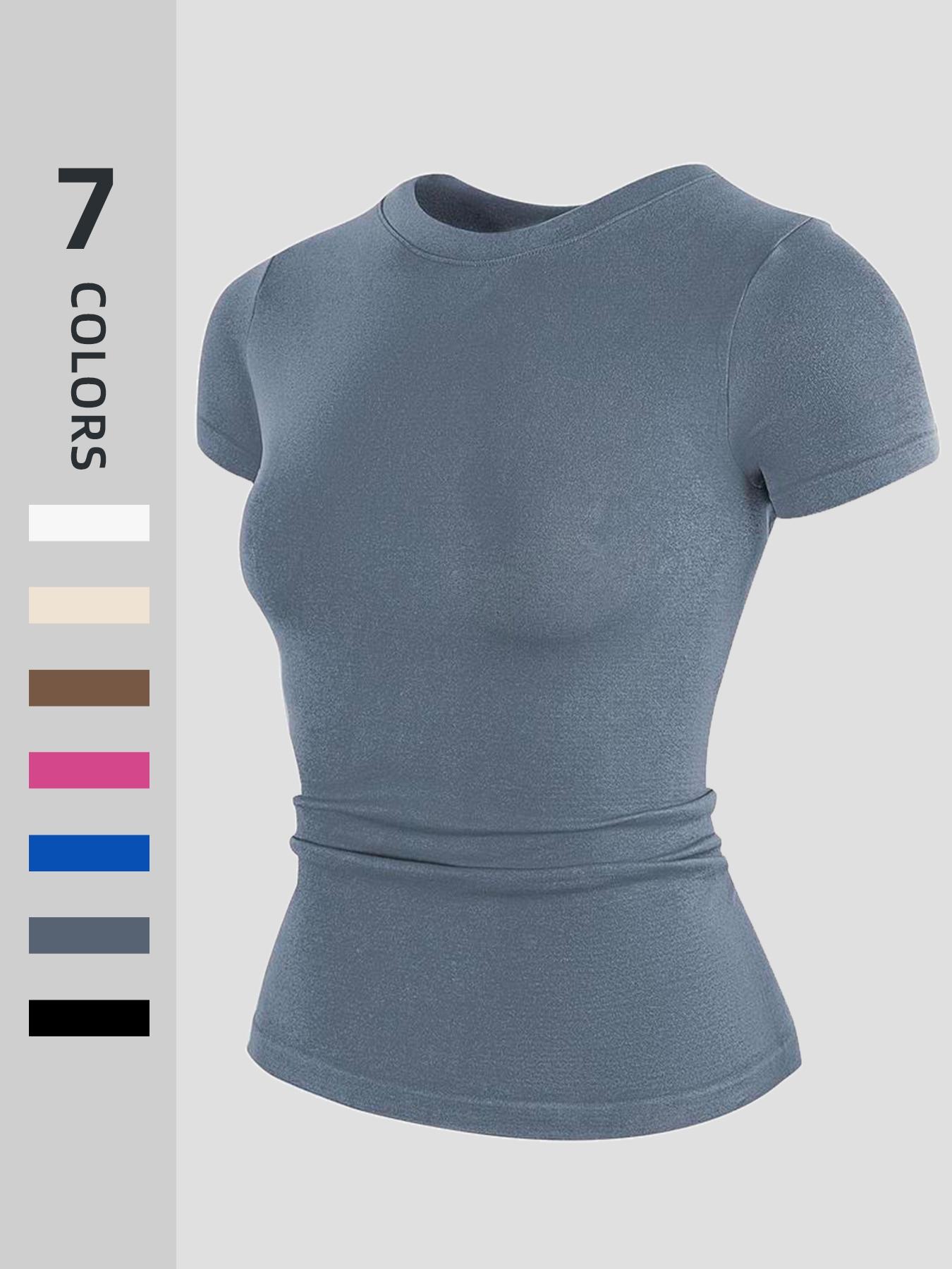 Women's Sporty Slim-Fit Yoga Short sleeve Top, Elastic Breathable Fabric, Plain Pattern XXL Size, All Season Wear, Athletic Yoga Shirts