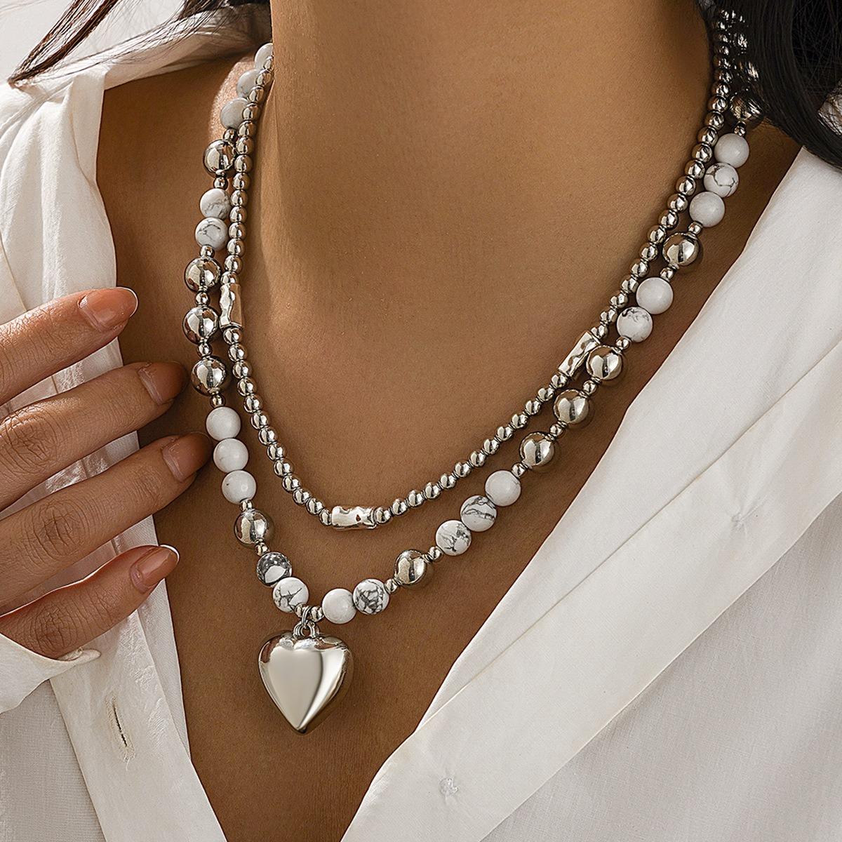 Women's 2-Layer White Turquoise Beaded Heart Pendant Necklace - Silver Metal Ball Chain, Marble Stones, Mixed Sizes Beads, Minimalist Stack Adjustable Choker, Daily Wear Jewelry for Gift, Double Strand, Minimalist Design, Adjustable Bead Chains