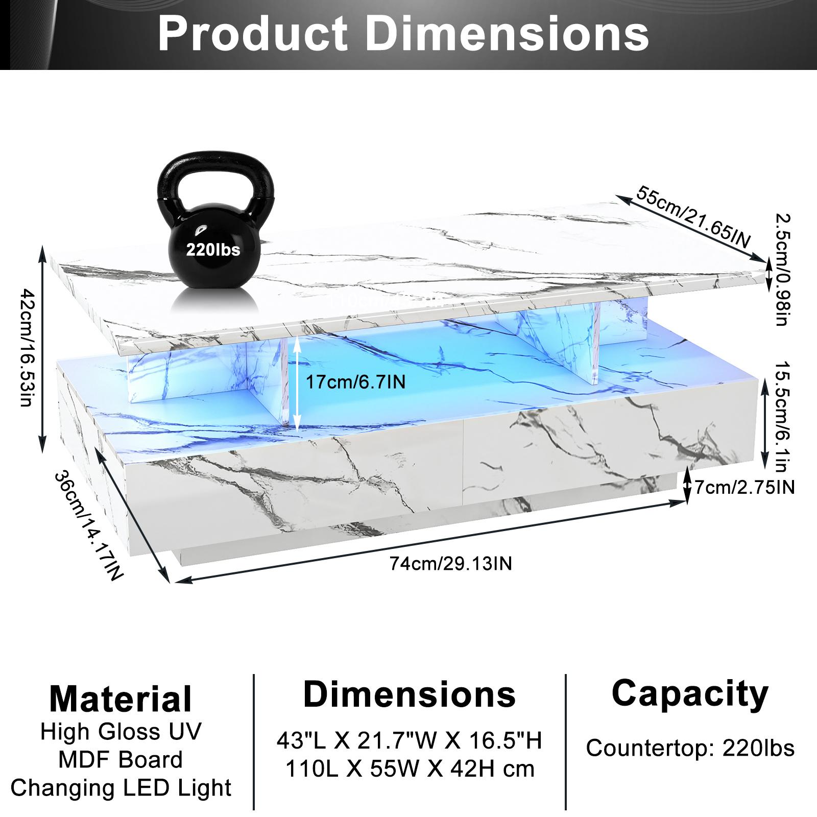 LED Coffee Table with 2 Storage Drawers, Modern High Gloss Black Coffee Table w/20 Colors LED Lights, 2 Tiers Rectangle Center Table for Living Room with Marbling Print, APP Control, Black/White