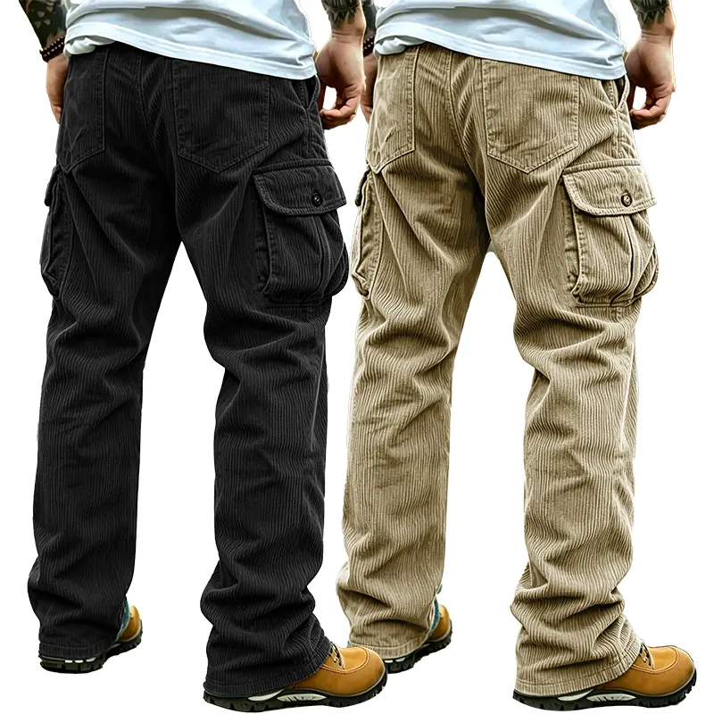 2 Pack Men's Multi‑Color Corduroy Cargo Pants |   Wide Leg Loose Fit Pocket Casual Trousers-Men's Autumn/Winter Clothing