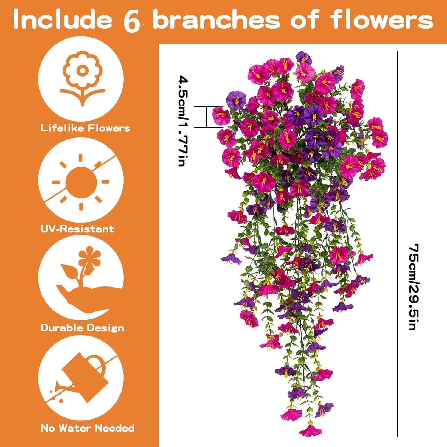 6 PCS Artificial Faux Hanging Flowers Plants for Outdoor Decor,Fake Silk Morning Glory with Eucalyptus UV Resistant Realistic Vines for Wall Home Porch Patio Balcony Yard Decor, Purple and Fuchsia, Artificial Flower Decoration