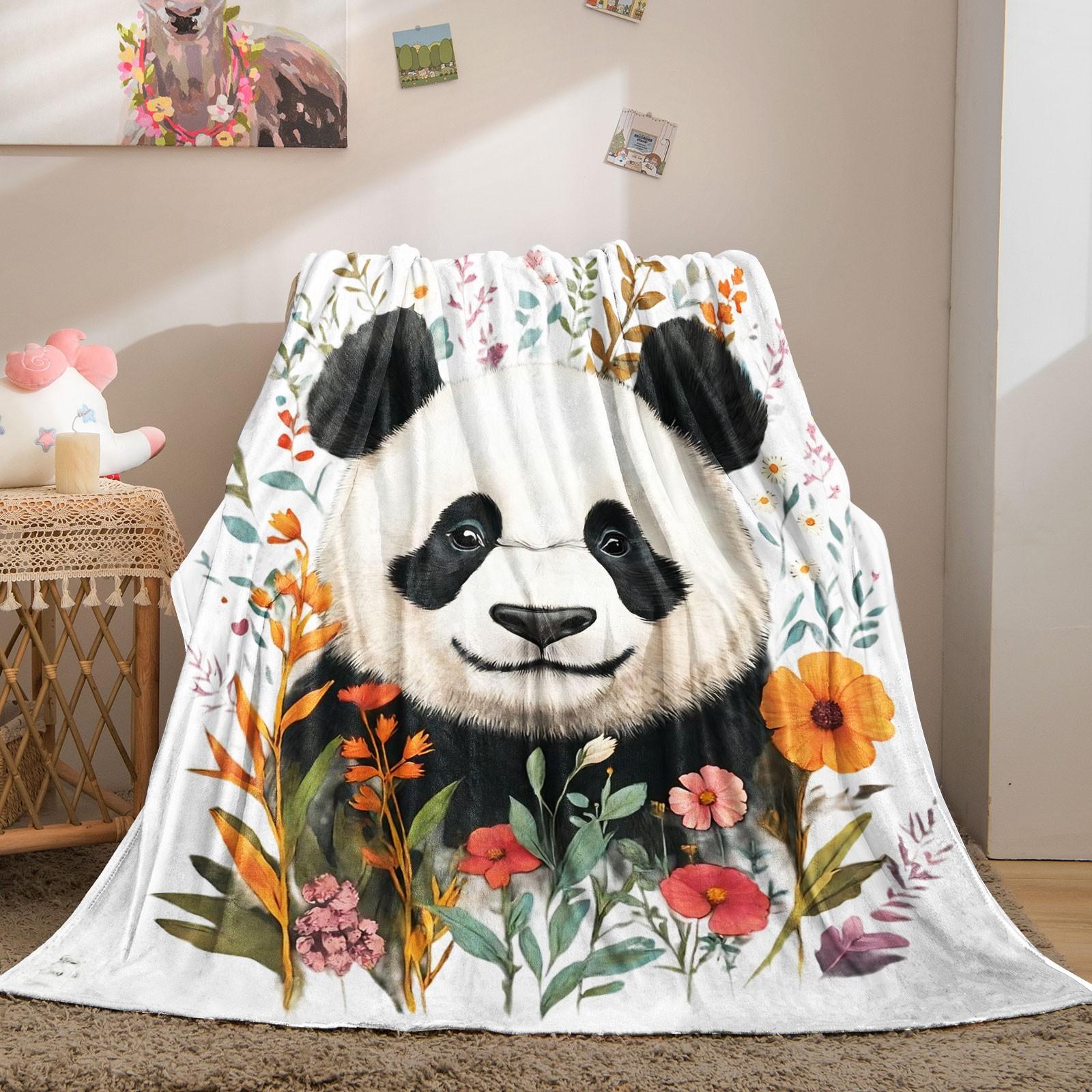 Boho Watercolor Panda Wildflower Flannel Blanket, Aesthetic Floral Animal Print Throw Blanket, Ultra Soft Cozy Warm Blanket, Stylish Gift Blanket for Panda Lovers, Couch, Bed & Home Decor