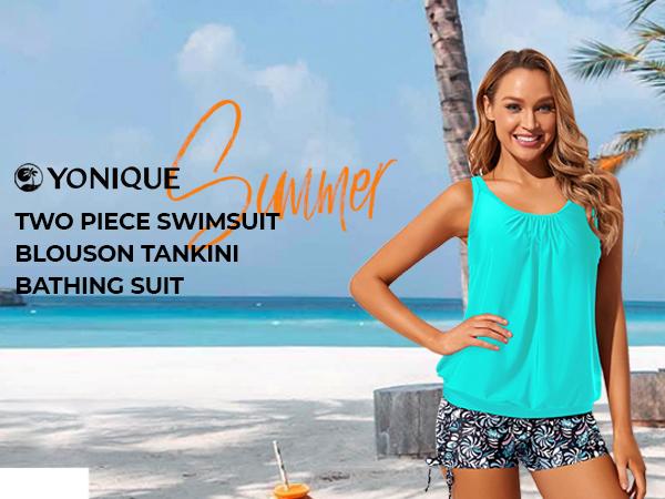 Yonique Womens Blouson Tankini Swimsuits Two Piece Strappy Bathing Suit Tops with Shorts Criss Cross Swimwear