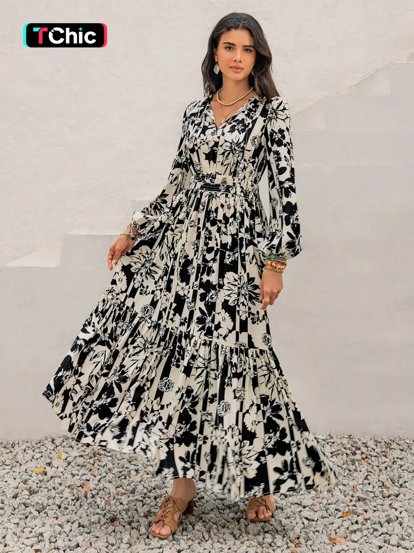 Women's Boho Bohemian Style Floral Print Lantern Sleeve Dress, Fitted Waist Tie Design, Loose Fit Comfortable Casual Long Sleeve Dress for Fall Winter Summer