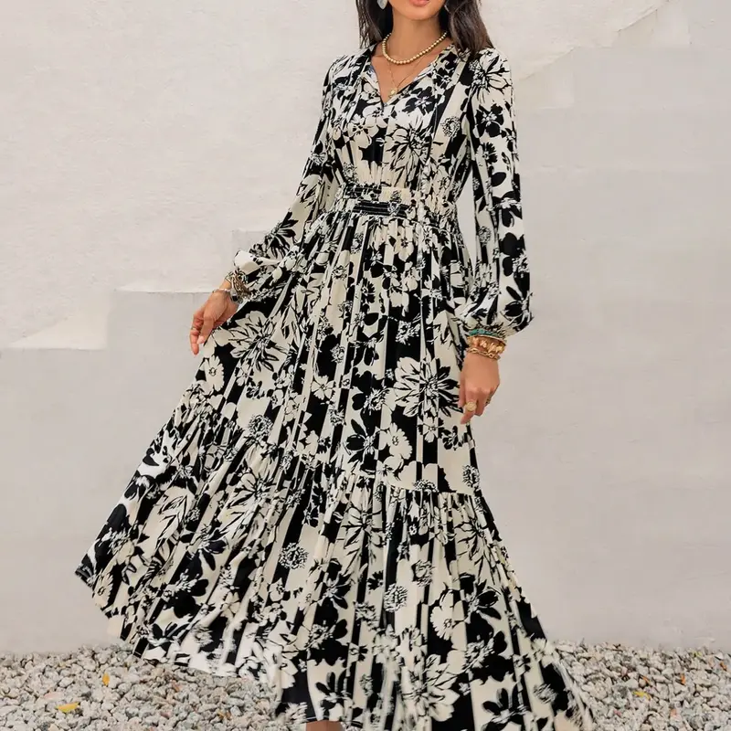 Women's Boho Bohemian Style Floral Print Lantern Sleeve Dress, Fitted Waist Tie Design, Loose Fit Comfortable Casual Long Sleeve Dress for Fall Winter Summer