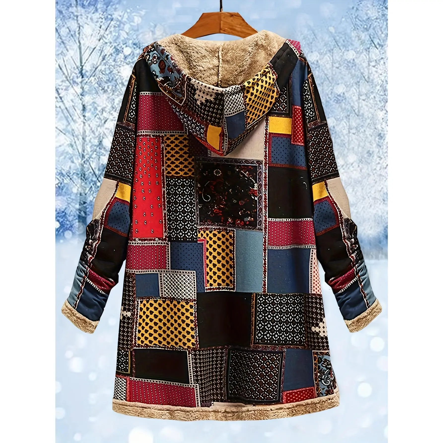 Colorful Women's Patchwork Hooded Jacket - Cozy Fleece-Lined, Long Sleeve, Casual Fall & Winter Outerwear with Button Front and Dual Pockets, Stylish Cold Gear|Buttonfront Jacket|Polyester Fabric Jacket