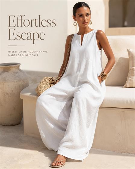 Women’s Solid Color Minimalist Elegant Sleeveless V-Neck Wide Leg Jumpsuit, Casual Loose Fit One-Piece Outfit, Lightweight Comfortable Lounge Set for Daily Wear, Travel, Vacation, Weekend and Summer Fashion