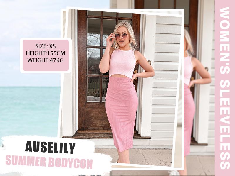 AUSELILY & MISFAY Date Night Dress Women's Ribbed Knit Bodycon Midi Dress Fall Casual Chic Crew Neck Cutout Casual Slit Dress