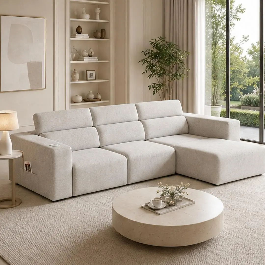Power Reclining Sofa, Electric 3-Seat Recliner Modular Couch with Bluetooth Stereo, Wireless Charging, USB/Type-C Ports, Side Pocket, Mood Lighting, Beige Polyester