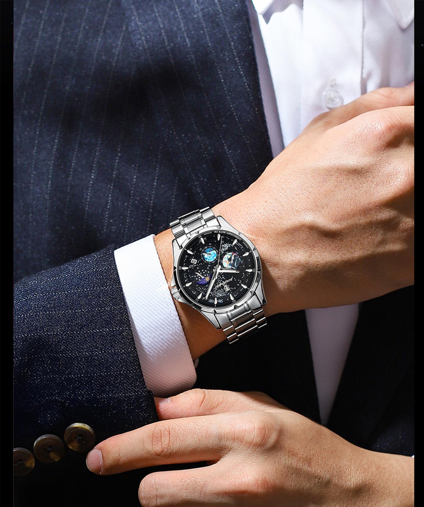 Men's Ultra-Slim Sports Watch - 42mm Chronograph Quartz Watch, Onion Crown, Luminous Moon Phase, Tachymeter, 50M Water Resistant, Stainless Steel Band, Round Face