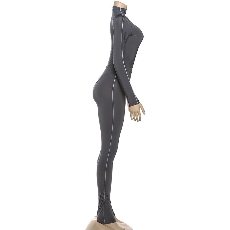 DOUCIU Basic Solid Color Simple Sporty Casual Versatile Tight-Fitting Sexy Hot Women'S Thin See-Through Long-Sleeved Jumpsuit And Pants Two-Piece Set