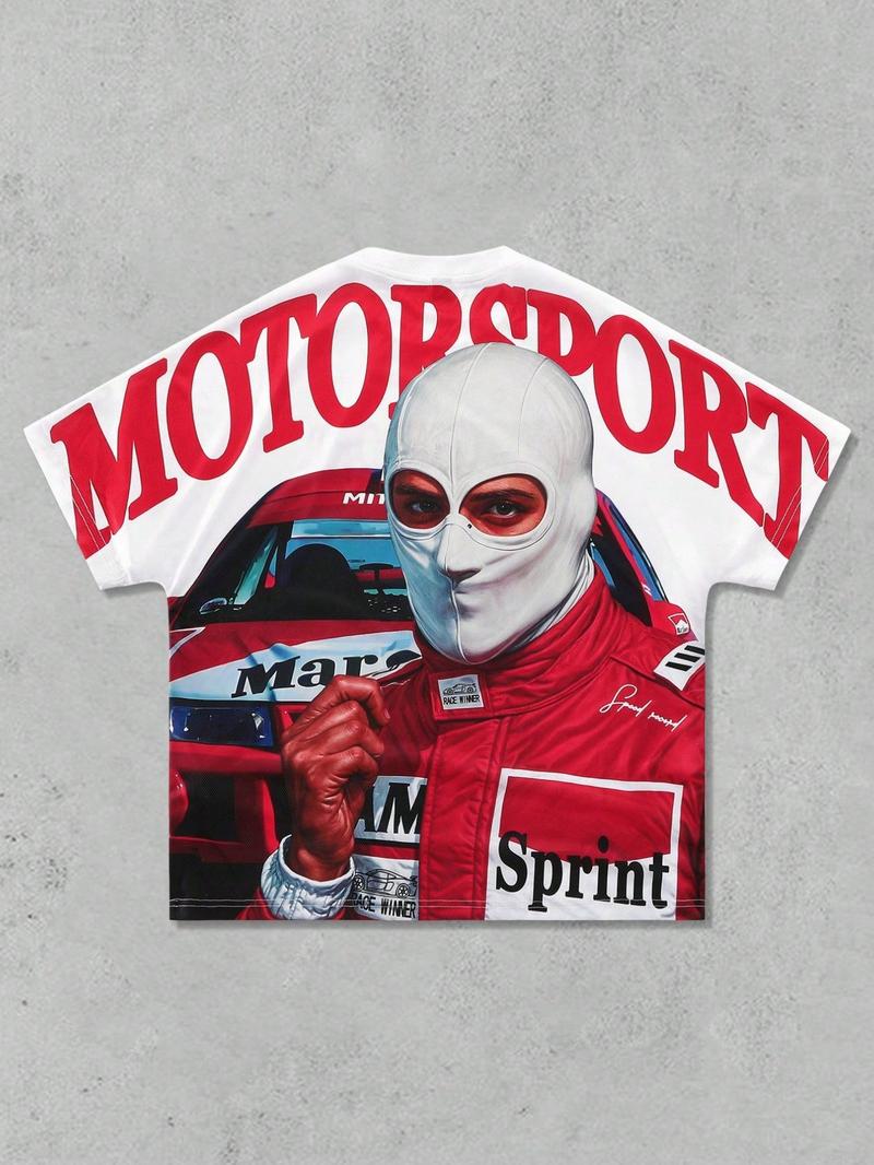 Men's Race Car & Letter Print Round Neck Crop Tee, Loose Casual Fashion Short Sleeve T-shirt for Daily Wear, Men's Top for All Seasons, Tropical