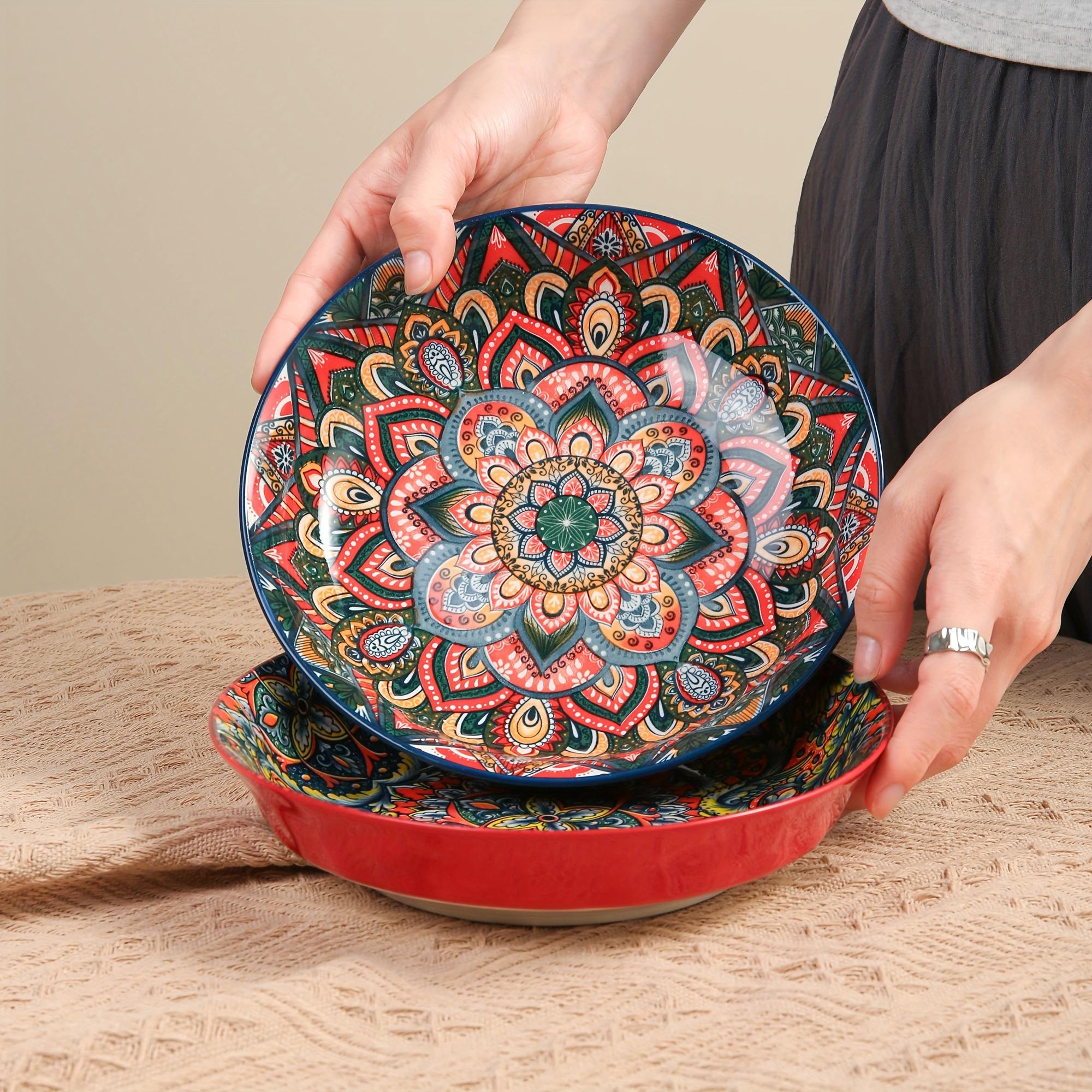 Bohemian Style Floral Pattern Ceramic Dinner Plate Set, 4 Counts/set Creative Dish Plate, Large Deep Plate for Home and Restaurant Use, Salad Serving Plates