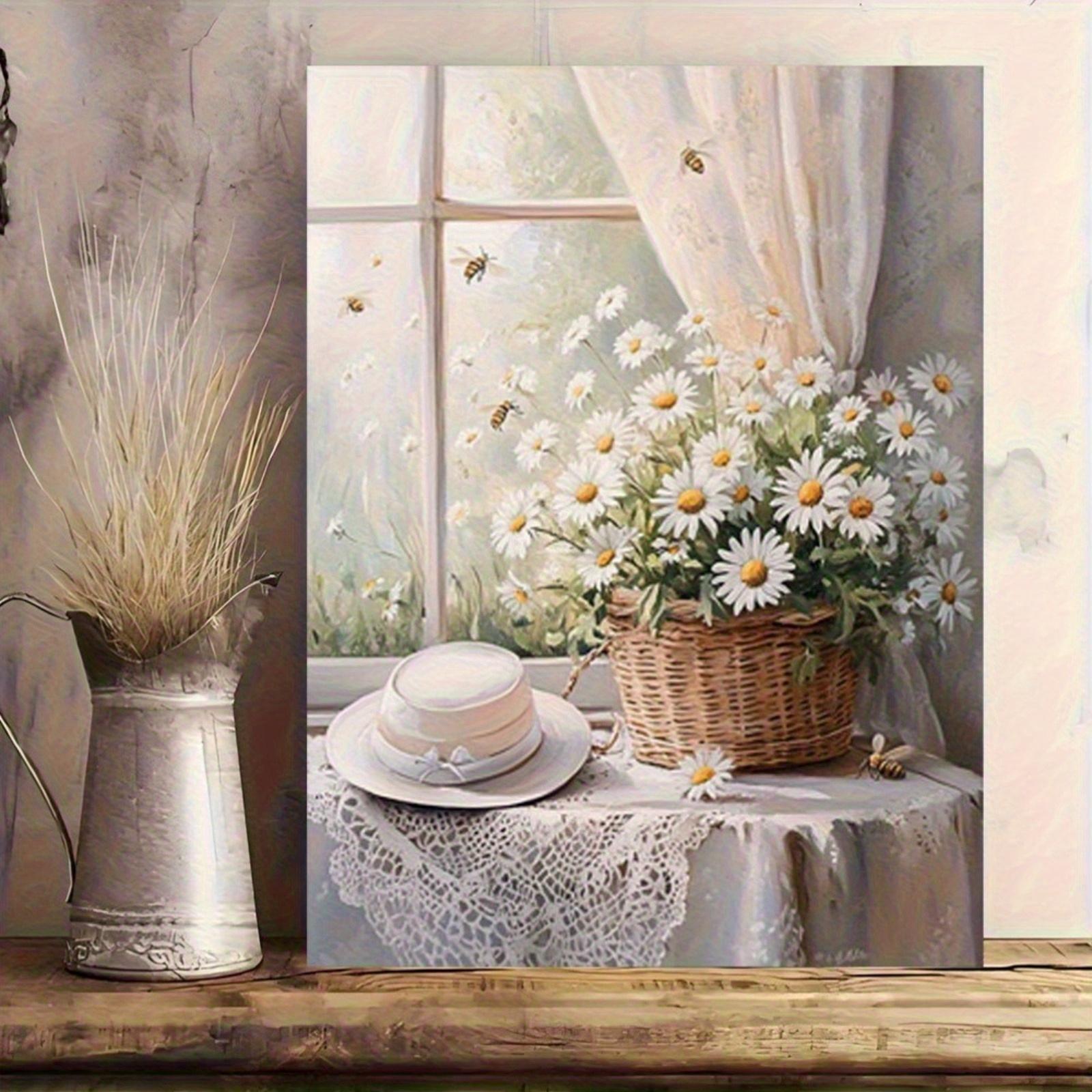 JIT 1PC Rustic Daisy Basket Canvas Art - Wooden Framed, Ready-to-Hang with White Flowers  Green Leaves, Serene Indoor Wall Decor for Bedroom, Bathroom, or Kitchen, Perfect Holiday Gift for Her or Him, Natureinspired Design, Rustic Home Deco