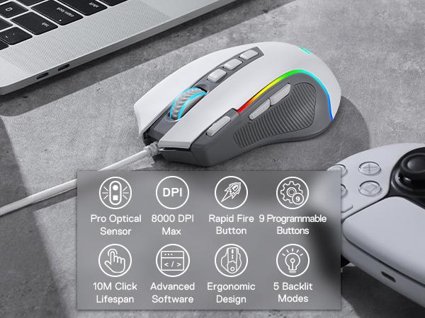 Redragon M612 Predator RGB Gaming Mouse, 8000 DPI Wired Optical Gamer Mouse with 11 Programmable Buttons & 5 Backlit Modes, Software Supports DIY Keybinds Rapid Fire Button