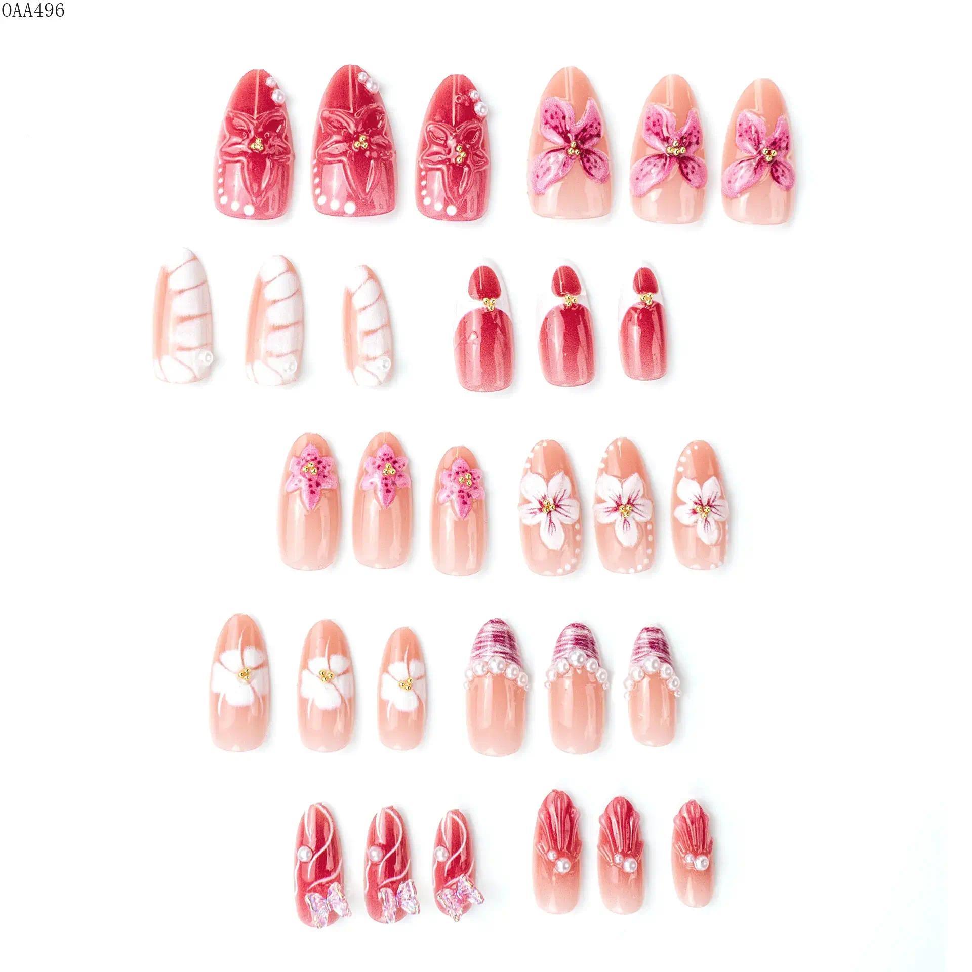 DIY Bag Accessory Press On Nails, 24-Piece Almond-Shape, 3D Rhinestone Flowers Design, Reusable Glossy Full Cover for Daily Wear, Parties